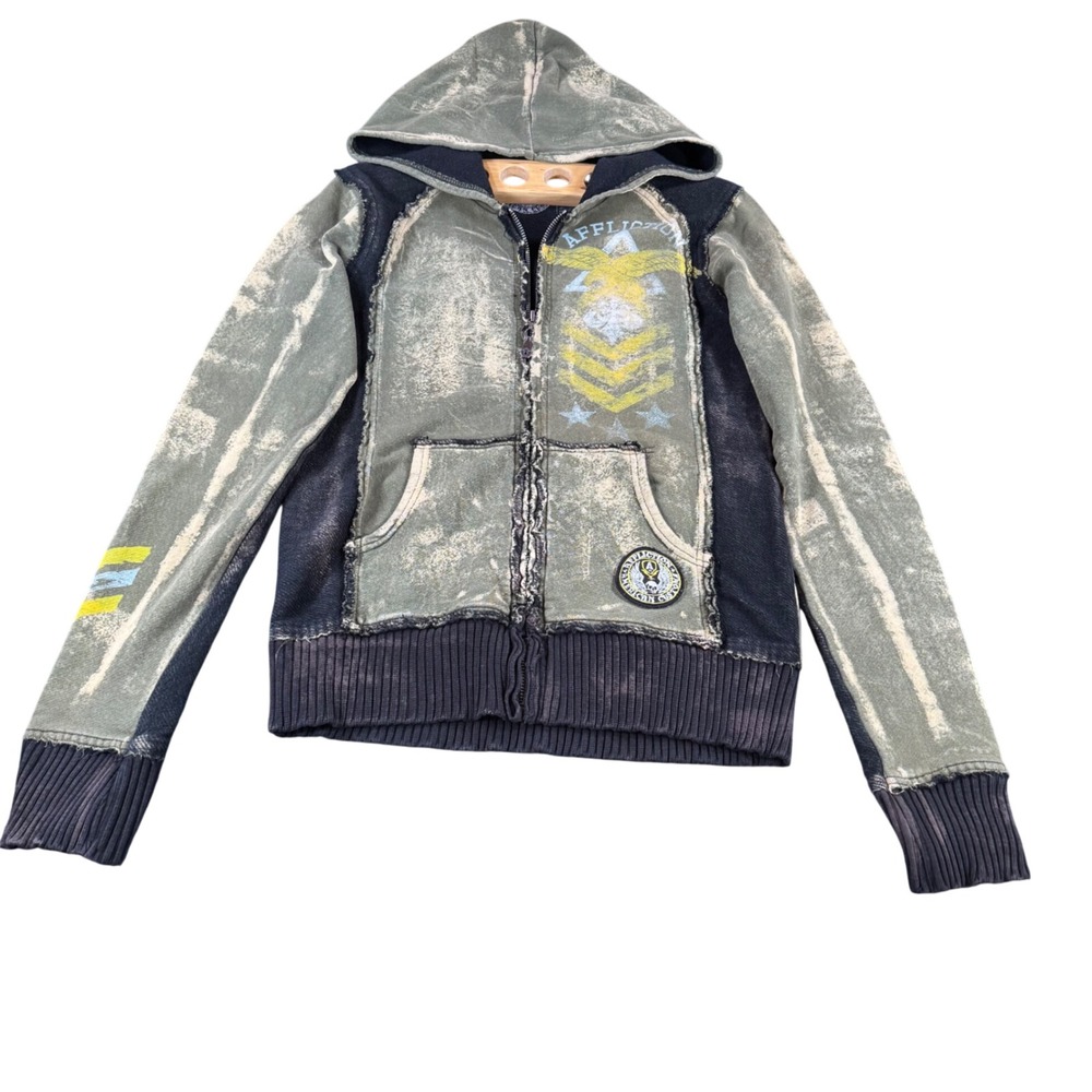 Affliction American Customs Men Green Distressed Full Zip Hoodie Eagle Graphic